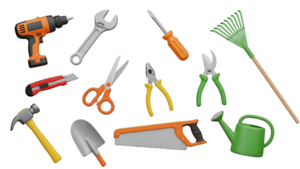 Collection of various 3d rendered hand tool and garden equipment objects isolated on transparent background