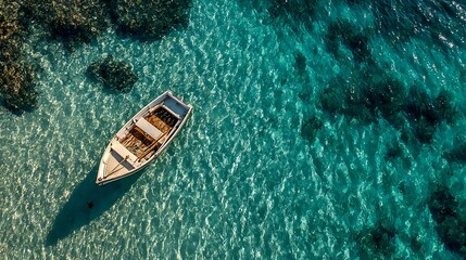 Aerial view of a sunken wooden boat resting on a tropical ocean floor amidst clear turquoise waters