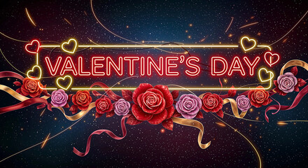 Valentine’s Day: A Romantic Celebration Featuring Neon Hearts, Glowing Text, Roses, and Starry Background Honoring Love and Togetherness