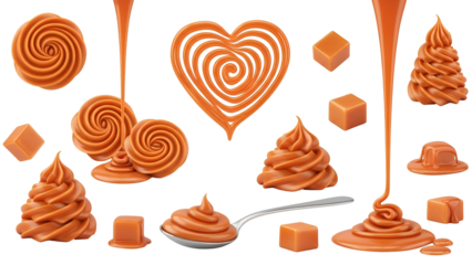 Collection of delicious caramel swirls, drops, cubes, and flowing sauce shapes isolated on transparent background