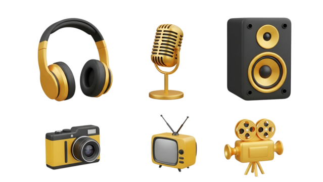 Collection of golden 3d media and audio equipment icons including headphones, microphone, speaker, camera, tv, and film projector isolated on transparent background