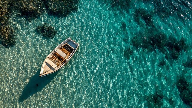 Aerial view of a sunken wooden boat resting on a tropical ocean floor amidst clear turquoise waters