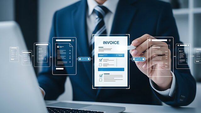 Businessman analyzing data on a virtual screen with laptop in office