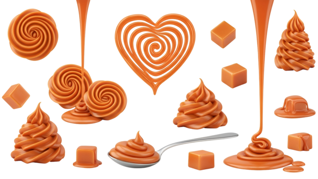 Collection of delicious caramel swirls, drops, cubes, and flowing sauce shapes isolated on transparent background