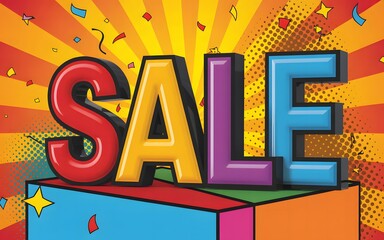 Vibrant comic style sale banner with colorful letters and confetti on a radial background