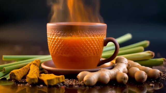turmeric and tamarind herbal drink served in a traditional clay glass