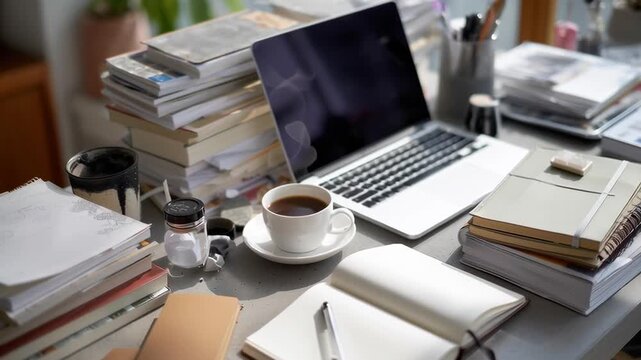 A cluttered desk with a laptop, a cup of coffee, and a stack of books. The scene suggests a busy work environment where the person is likely working on a project or studying