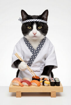 Sushi Chef Cat with Sushi Platter. Japanese food and cooking concept.