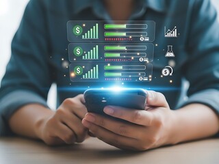 Person holding smartphone with digital overlays displaying data and charts