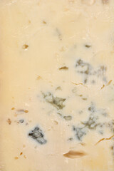 An extreme close-up of a block of creamy Gorgonzola cheese, showing its pale yellow interior and distinct pockets of blue-green mold veining and texture