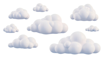 Collection of fluffy white 3d cartoon clouds isolated on transparent background, perfect for design elements