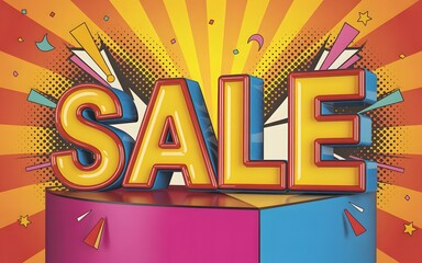 Vibrant 3d sale text on a colorful podium with comicstyle sunburst background and confetti