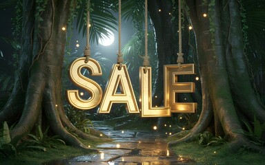 Golden sale sign hanging in a mystical jungle at night, illuminated by sparkling lights