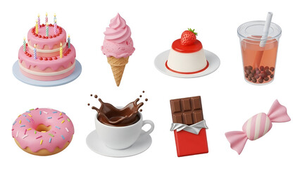 Collection of sweet dessert items including a pink tiered cake, ice cream cone, pudding, drink, donut, chocolate splash, bar, and candy isolated on transparent background