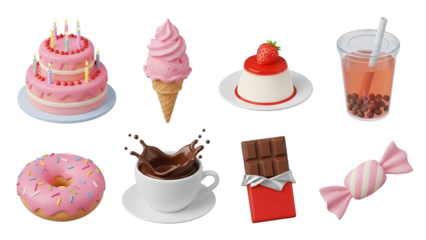 Collection of sweet dessert items including a pink tiered cake, ice cream cone, pudding, drink, donut, chocolate splash, bar, and candy isolated on transparent background