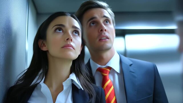 Two coworkers stuck in an elevator, soft overhead lighting reflecting anxiety and forced intimacy, close-up expressive faces, corporate setting, realistic textures, blurred background, with copy space