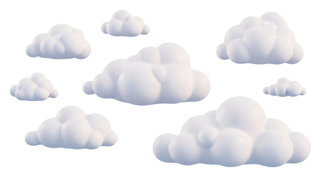 Collection of fluffy white 3d cartoon clouds isolated on transparent background, perfect for design elements