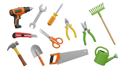 Collection of various 3d rendered hand tool objects for construction, repair, and gardening work, isolated on transparent background