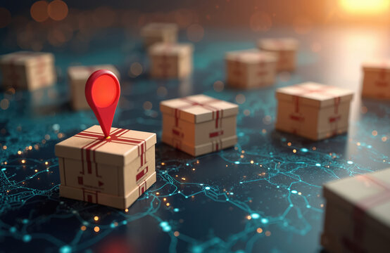 Cardboard boxes with red markings sit on glowing tech network map. Red location pin marks one parcel, showing global delivery, tracking. Illustrates modern shipping, efficient supply chain management