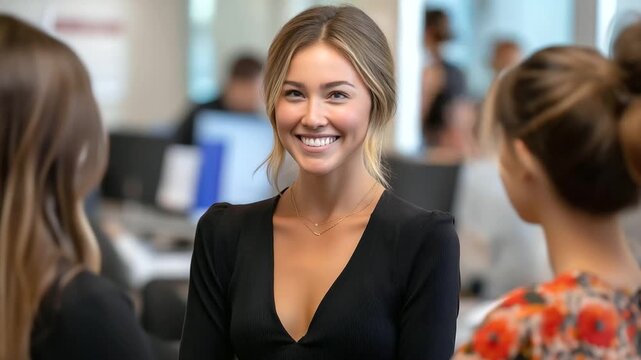 A team lead awkwardly attempting to bond with coworkers, forced smiles, candid realism, warm open space lighting, emotional nuances, blurred background, with copy space