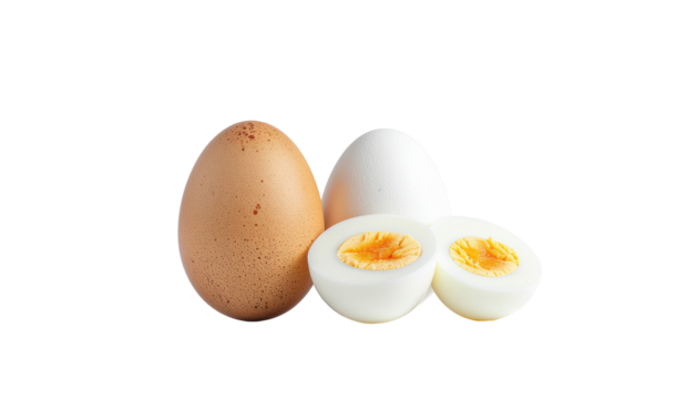 One brown egg one white egg and one hard boiled egg cut in half showing the yellow yolk on a white background isolated cutout