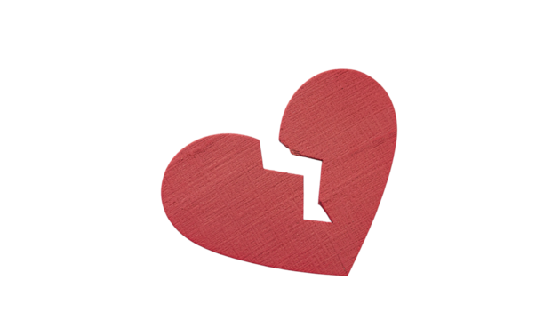 A single red heart shape with a prominent crack running through it, suggesting damage or heartbreak isolated on white cutout