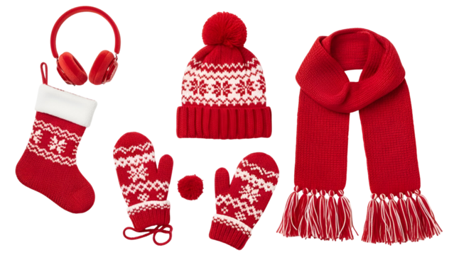 Collection of cozy red and white knitted winter accessories including a stocking, earmuffs, mittens, hat, and scarf, isolated on transparent background