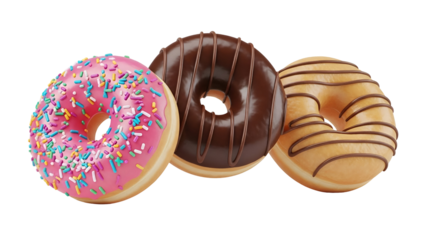Three delicious glazed donuts with different toppings, including pink frosting and chocolate drizzle, isolated on transparent background