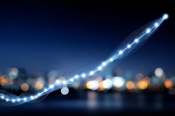 Abstract glowing data stream rises over blurred city skyline, symbolizing technological advancement and economic growth.