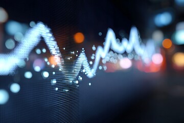 Digital screen displays glowing blue data graph with blurred background lights, illustrating financial analytics.