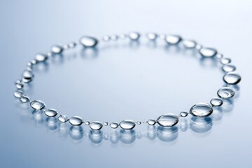 Obraz premium Clear water droplets elegantly arranged in perfect circle, reflecting on smooth blue surface.