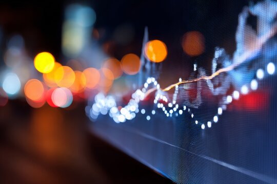 Financial data analysis graph on digital screen shows market fluctuations, vibrant bokeh city lights blur.