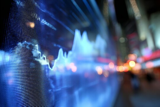 Blue digital screen presents financial data chart, line indicates market change, blurred city lights background. - Powered by Adobe