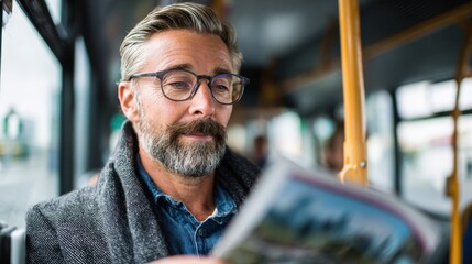 A man sits quietly on a bus focused on reading a newspaper as clouds gather outside.