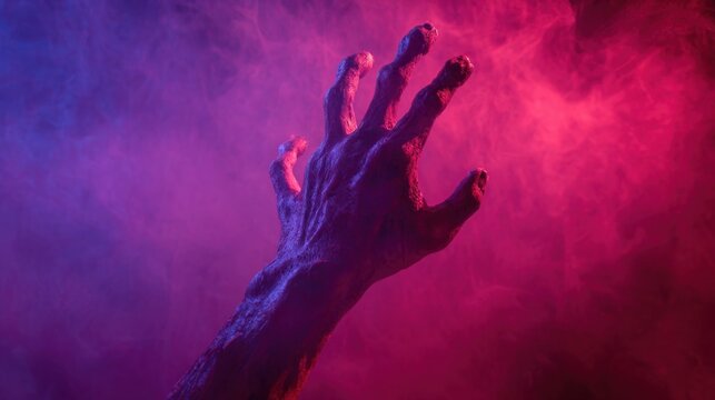 A shadowy hand emerges from colorful swirling smoke in a dark setting creating an eerie atmosphere.