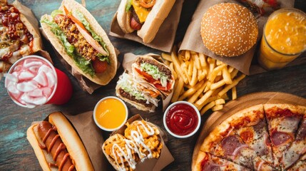 A vibrant spread showcases favorite fast foods including burgers hot dogs and fries inviting all to indulge.