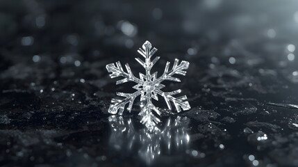 Macro 3D render of an intricate clear crystal snowflake on a dark reflective surface