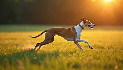 Light brown, white greyhound dog running fast in green grass field at sunset. Dog legs in mid-air. Green meadow with wildflowers blurred in foreground, background. Warm sunlight shines on scene.