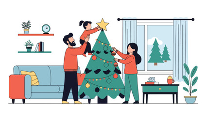Happy family decorating a Christmas tree together with ornaments and lights. Ideal for festive winter celebrations, joyful family moments, and holiday traditions