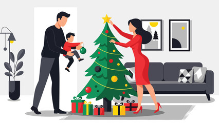 Happy family decorating a Christmas tree together with ornaments and lights. Ideal for festive winter celebrations, joyful family moments, and holiday traditions