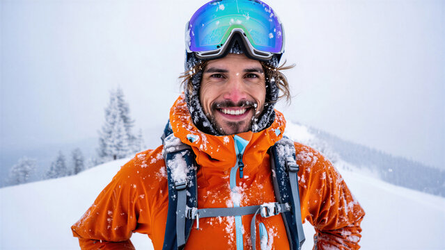 Smiling snowboarder in bright orange jacket wearing snow goggles helmet against a snowy alpine landscape, outdoor winter sport scene featuring rugged gear, frosty air, mountain backdropvibe - Powered by Adobe
