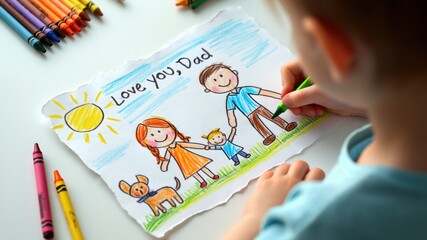 Child drawing colorful crayon picture for Father’s Day, showing happy family with mom, dad, child, dog and sun, expressing love and affection through art on handmade card with “Love you, Dad” text