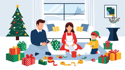 Family wrapping Christmas gifts together with ribbons and wrapping paper. Ideal for festive winter memories and meaningful holiday traditions