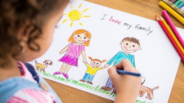 Child drawing family with crayons on white paper, colorful artwork on wooden table, creative expression and childhood imagination, girl drawing happy family picture, playful art activity