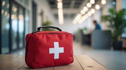 Emergency response essentials office space first aid kit modern environment close-up view health and safety awareness 
