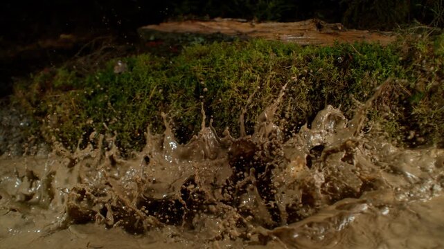 Super Slow Motion Shot of Flying and Splashing Mud in Nature at 1000fps.