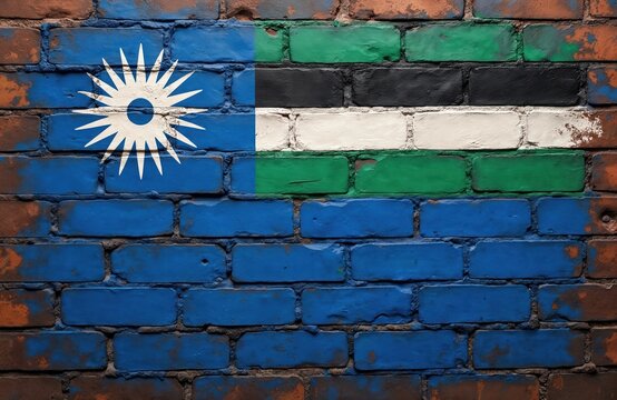 Painted Torres Strait Islanders flag on brick wall. Symbolic islanders national insignia, cultural heritage. Country identity, patriotic pride concept. Represents australian area, abstract art on