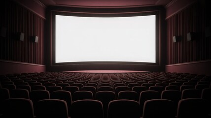 An empty movie theater with rows of seats facing a large screen. The scene evokes anticipation and the quiet before a show starts.