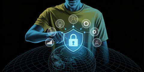 Cybersecurity Shield: A digital rendering captures a person safeguarding data, symbolized by a luminous shield, representing the vital protection of global information in the face of cyber threats.