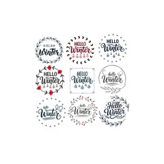 Fototapeta premium Hello Winter Holiday Graphic with Botanical Elements Seasonal Hello Winter Typography with Golden Star Accents Delicate Winter Wreath Illustration Featuring Hello Winter 
